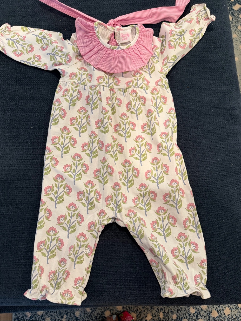 9 month Stitchy Fish Pink Floral Ruffle-Collar Baby One-Piece